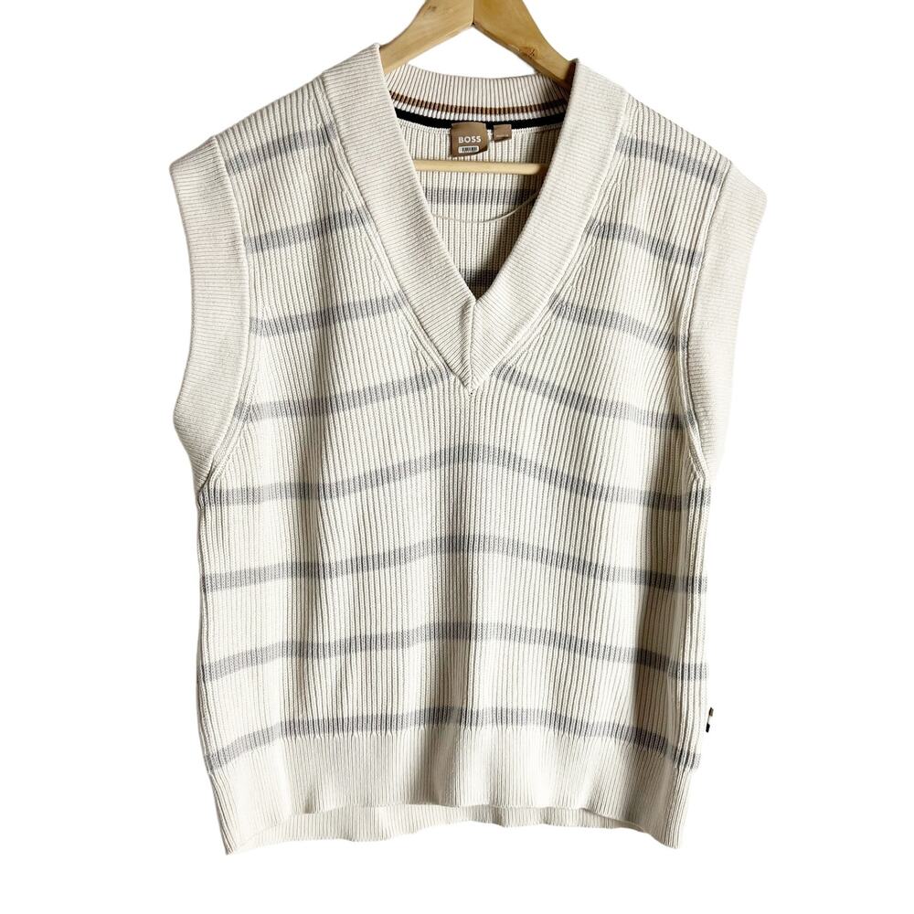BOSS Hugo Relaxed Fit Cotton Silk Striped V-Neck Sleeveless Vest Sweater Size XL - Picture 2 of 13